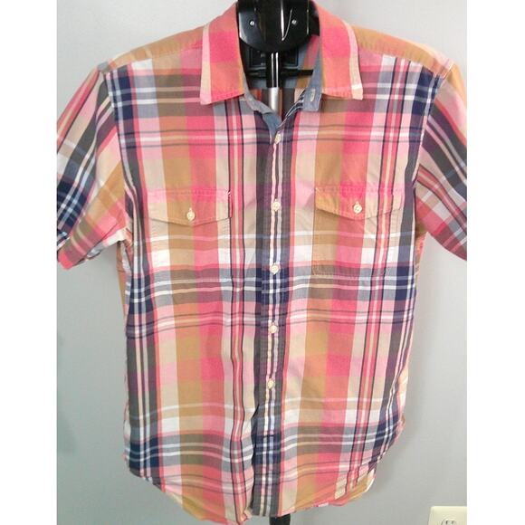 Nautica Button Down Short Sleeve Plaid Shirt Men's Medium Pink, Navy - Picture 1 of 5